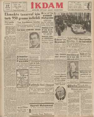 İkdam (Sabah Postası) Gazetesi 23 Mayıs 1941 kapağı