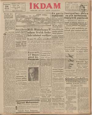 İkdam (Sabah Postası) Gazetesi 24 Mayıs 1941 kapağı