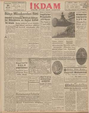 İkdam (Sabah Postası) Gazetesi 31 Mayıs 1941 kapağı