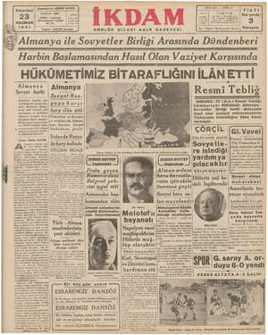 İkdam (Sabah Postası) Gazetesi 23 Haziran 1941 kapağı