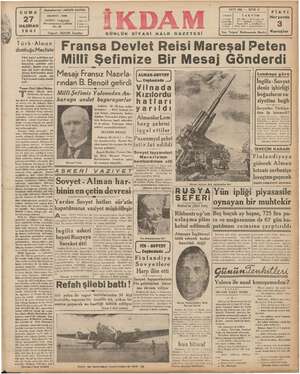 İkdam (Sabah Postası) Gazetesi 27 Haziran 1941 kapağı