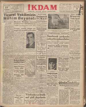 İkdam (Sabah Postası) Gazetesi 27 Temmuz 1941 kapağı