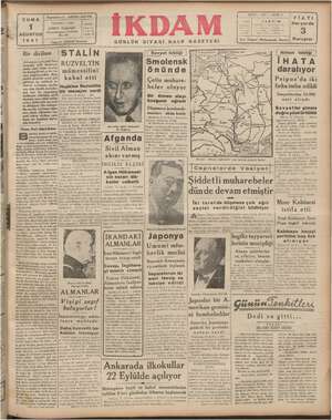 İkdam (Sabah Postası) Gazetesi 1 Ağustos 1941 kapağı