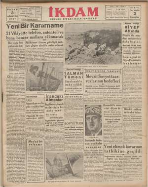 İkdam (Sabah Postası) Gazetesi 3 Ağustos 1941 kapağı