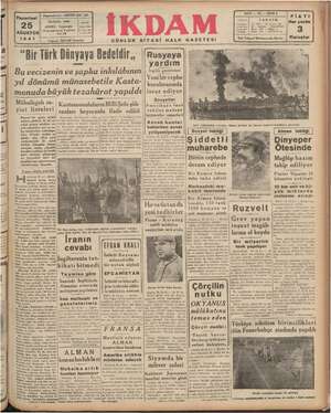 İkdam (Sabah Postası) Gazetesi 25 Ağustos 1941 kapağı