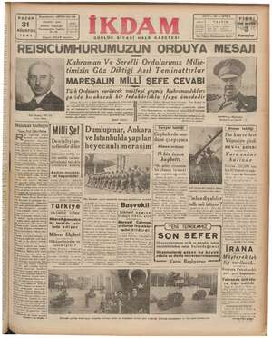 İkdam (Sabah Postası) Gazetesi 31 Ağustos 1941 kapağı