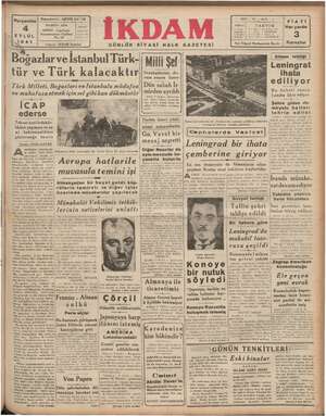 İkdam (Sabah Postası) Gazetesi 4 Eylül 1941 kapağı
