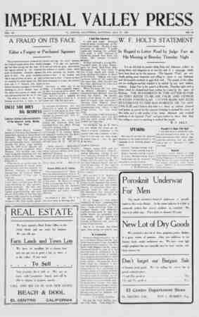 Imperial Valley Press Newspaper July 27, 1907 kapağı