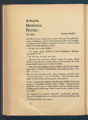  Ankara. Moskova. Roma. Bir hatıra. , Yakup Kadri. eft e? © ——— 1917 Mart ayının bilmem kaçıncı günü. İsviçrede bir...