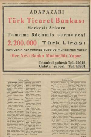    — 12 — KURUN 5 Ikincikânun 1935 wep nim ee iğ eni kel ea ADAPAZARI Türk Ticaret Bankası Tamamı 2.200.000 T Merkezi Ankara