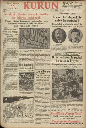 Kurun Gazetesi 20 Ocak 1935 kapağı