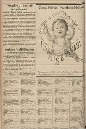      — 14 — KURUN 27 NİSAN 1935 “Atatürk,, heykeli müsabakası Denizlide dikilecek “ATATURK,, heyke!i müsabakasına zit ba - zı