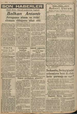  sm 3 — KURUN 26 1. TEŞRİN 1935 SON HABERLER Rüştü Arasın Belgrad gazetelerine beyanatı Balkan Anftantı Avrupanın nizam ve...