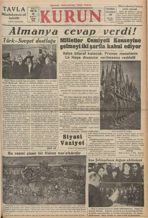    TAVLA i Müsabakamıza ait tafsilât (Altıncı sayfamızda) İSTANBUL PAZARTESİ 16 MART 1936 Alman ekonomi bakanı istifa etmedi