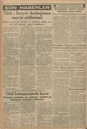  17 MART 1936 — 2 — KURUN Türk - Sovyet dostluğunun mes'ut yıldönümü Ankara, 16 (Kurun) — Türk — Sov ağ büyük bir 'ziyafet...