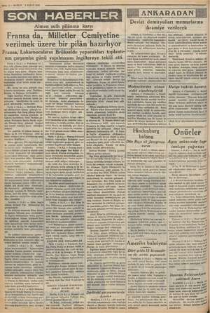  om 2— KURUN 5 NİSAN 1936 Alman sulh pilânına karşı Fransa da, Milletler Cemiyetine verilmek üzere bir pilân hazırlıyor...