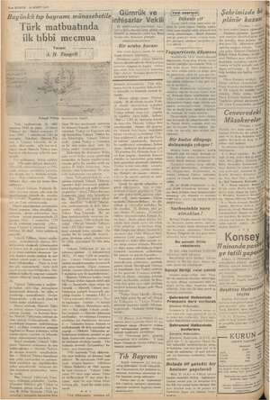  8 KURUN m “yatı (Mev ay Kolin, N e ee G 14 MART'1937 Bugünkü tıp bayramı miEaBEHlğ Türk matbuatında “ilk tıbbi mecmua a...