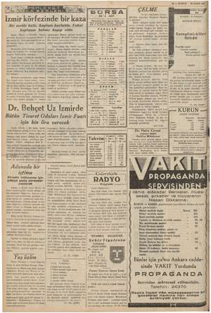    İzmir körfezinde bir kaza Bir motör battı. Kaptanı kurtuldu. Fakat 10 — KURUN 25 MART 1937 5 SA 24'3.937 da yıldır işaretli