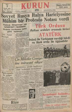  EYLUL 1937 Sayı: 7061-1151 — Ankara Caddesi Posta kutusu: 46 (fstenbul) Italya ithamlar ve istekleri reddett Akdeniz...
