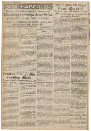    10 — KURUN 3 Birinciteşrin 1937 yamüşterek bir Nota © Roma 2 — Fransa ve İngil| si, hakkında komitenin tevdi etmiş ol- teri