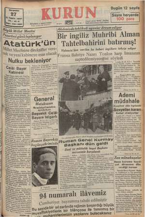  | Ba YARI. RR Çarşamba R Teşrin 1937 NN: 2.3 Sayı: 7111-1201 Ma a Büyük Millet Meclisi Azartesi günü Atatürk'ün...
