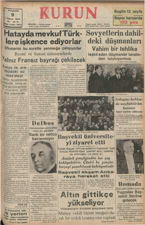    Perşembe Bugün 12 sayfa “ me 1937 Sayısı heryerde! iYi: ln 1242 Ankara Caddesi İSTANBUL — Kurün . İstanbul Posta kutusu: 46