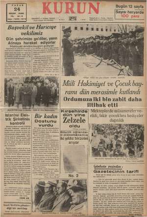    PAZAR Bugün 12 sayfa 24 g y NISAN 1938 Sayısı heryerde YIL -3 eee : | İSTANBUL — Ankara Caddesi e Telgraf adresi veliler