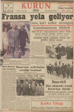    CUMA 3 Haziran 1938 YIL: 21-3 Sayı: 7325 -1415i TANBUL — Ankara Caddesi Posta kutusu: 46 (İstanbul) ı. Büyük Şefimiz...
