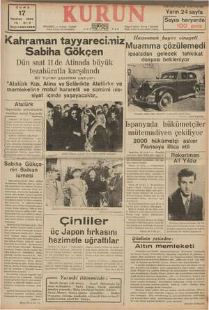    CUMA 17 Haziran 1938 YIL: 21-3 Sayı:7333-1429 İSTANBUL — Ankara Cadı Posta kutusu: 46 (İstanbul) e ©a5 Telgr: Telef. Yarın