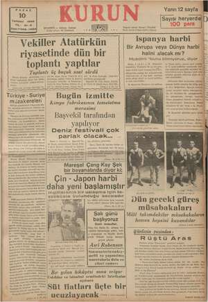 Kurun Gazetesi 10 Temmuz 1938 kapağı