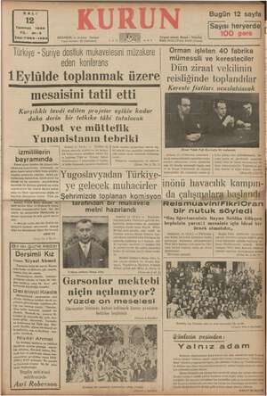 Kurun Gazetesi 12 Temmuz 1938 kapağı
