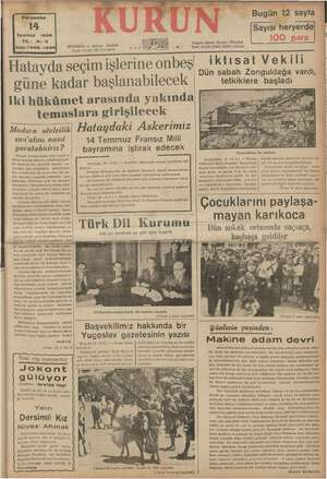 Kurun Gazetesi 14 Temmuz 1938 kapağı