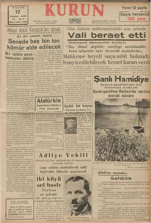 Kurun Gazetesi 17 Temmuz 1938 kapağı