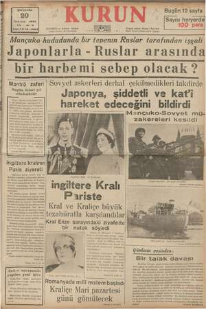 Kurun Gazetesi 20 Temmuz 1938 kapağı