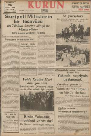 Kurun Gazetesi 25 Temmuz 1938 kapağı