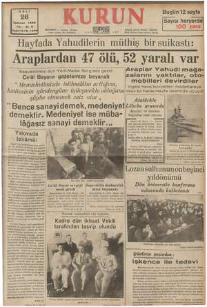 Kurun Gazetesi 26 Temmuz 1938 kapağı