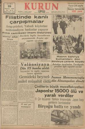 Kurun Gazetesi 29 Temmuz 1938 kapağı