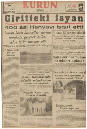 Kurun Gazetesi 30 Temmuz 1938 kapağı