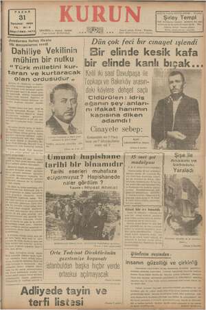 Kurun Gazetesi 31 Temmuz 1938 kapağı