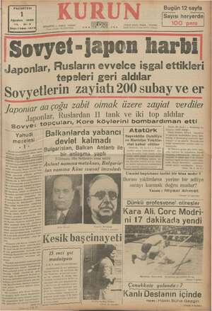 Kurun Gazetesi 1 Ağustos 1938 kapağı