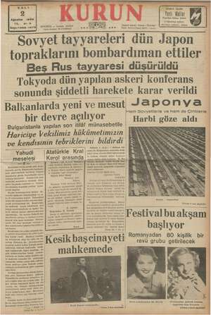 Kurun Gazetesi 2 Ağustos 1938 kapağı