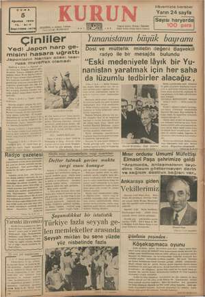 Kurun Gazetesi 5 Ağustos 1938 kapağı