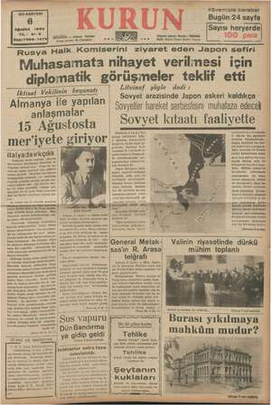 Kurun Gazetesi 6 Ağustos 1938 kapağı