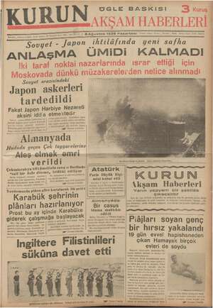 Kurun Gazetesi 8 Ağustos 1938 kapağı