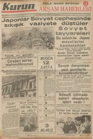 Kurun Gazetesi 10 Ağustos 1938 kapağı