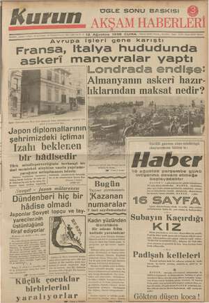 Kurun Gazetesi 12 Ağustos 1938 kapağı