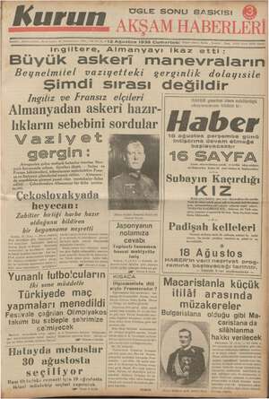 Kurun Gazetesi 13 Ağustos 1938 kapağı