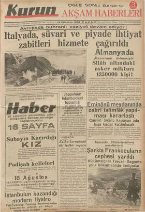 Kurun Gazetesi 14 Ağustos 1938 kapağı