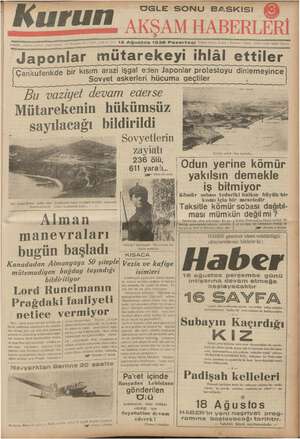 Kurun Gazetesi 15 Ağustos 1938 kapağı