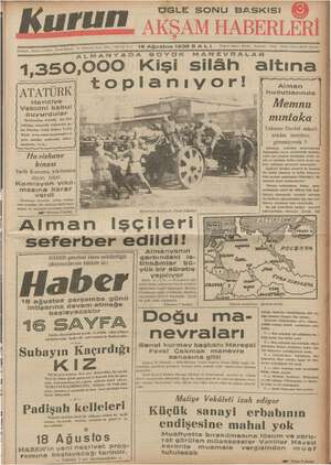 Kurun Gazetesi 16 Ağustos 1938 kapağı